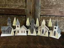 Primitive Colonial Christmas Light Up Snowy Church Putz House Mica Snow 9 Pc set