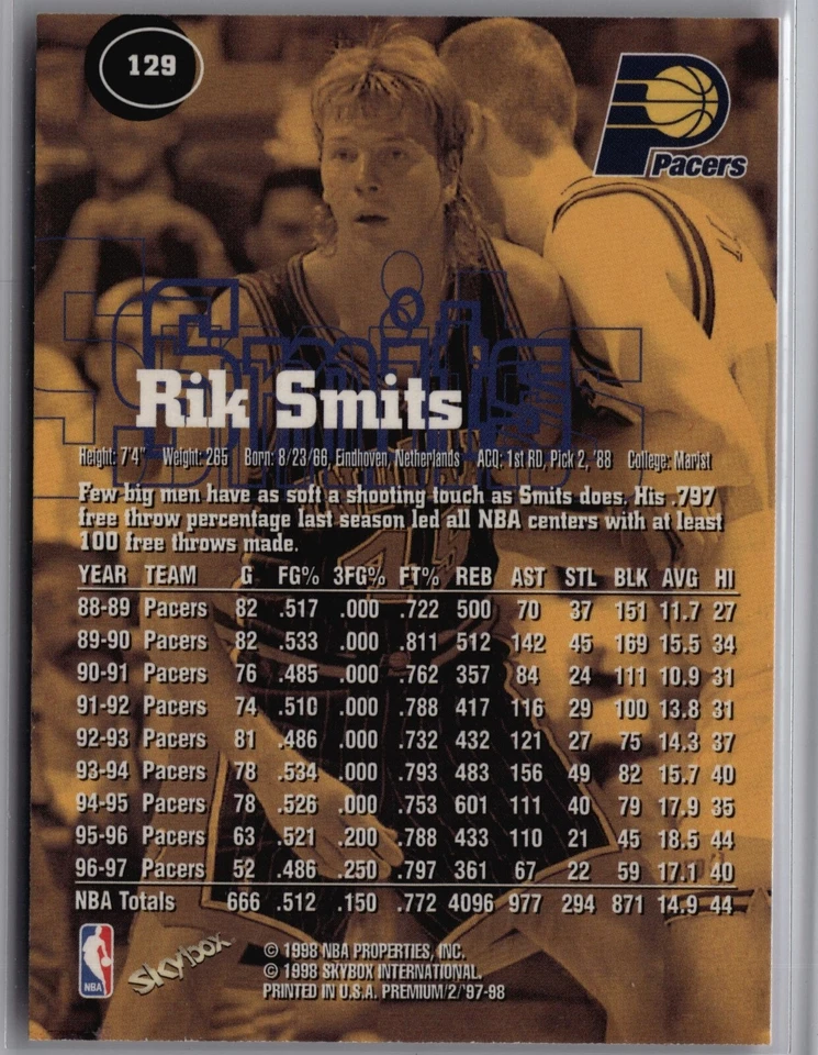 1997-98 Skybox Premium Rik Smits #129 basketball - Image 2 of 2