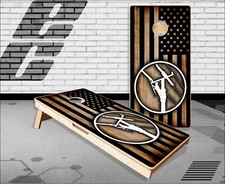 Lineman Burnt Wood Flag Cornhole Boards Bean Bag Toss Game