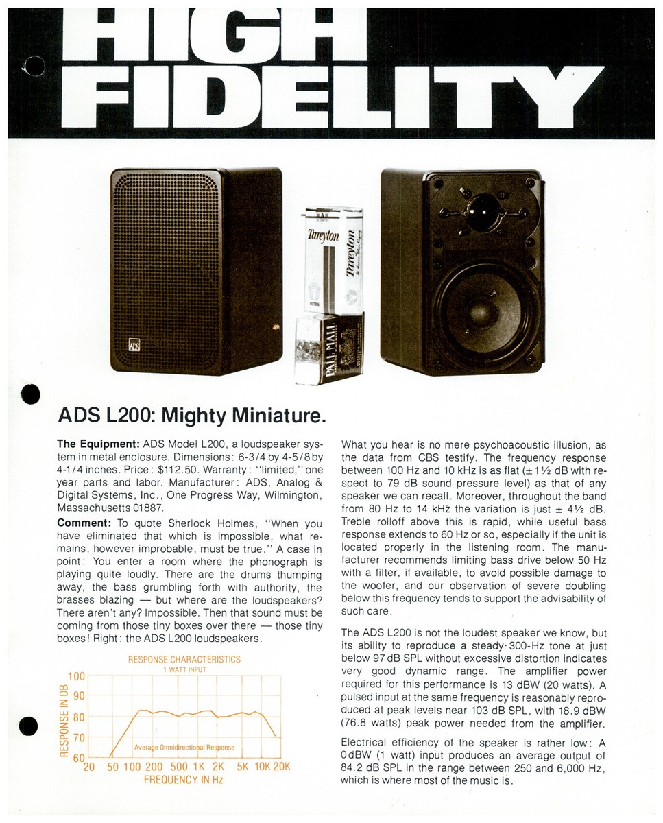 ADS L200 Speaker Dealer Data / Spec Sheet Brochure *Original* #1