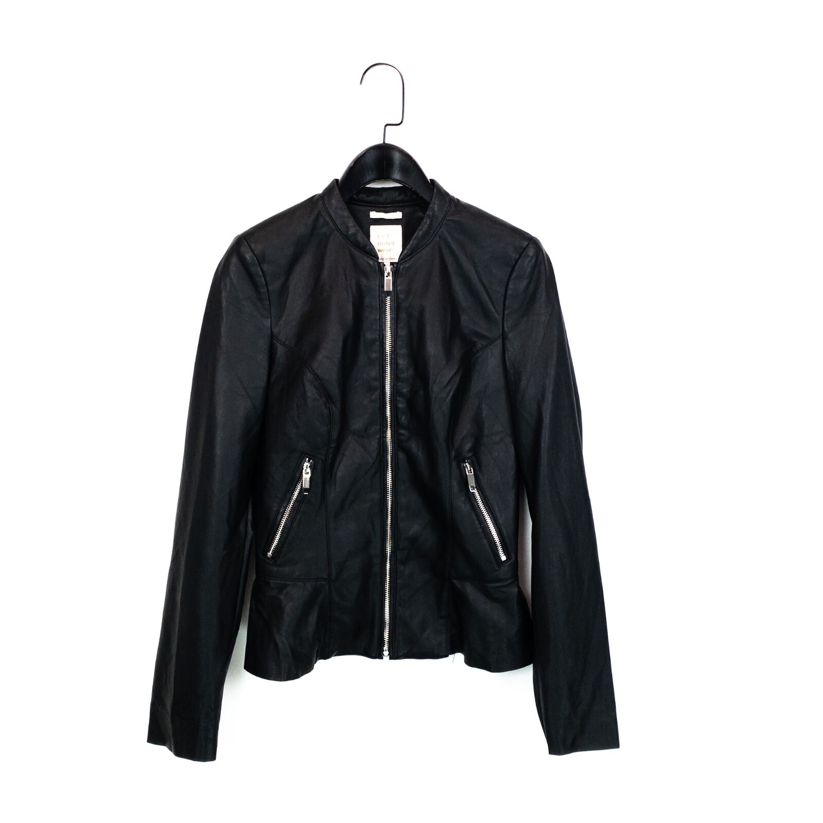 Zara Black Frill Hem Band Collar Faux Leather Fitted Biker Style