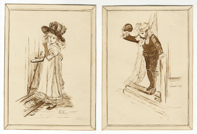 Edwardian Children Pair of Figure Studies Pen & Ink Drawing 1902 C.B. Original