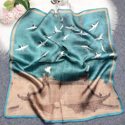 Damen 100% Satinseide Schaltuch , 12Momme, 53cm x 53cm, Crane Print ,Teal/Beige