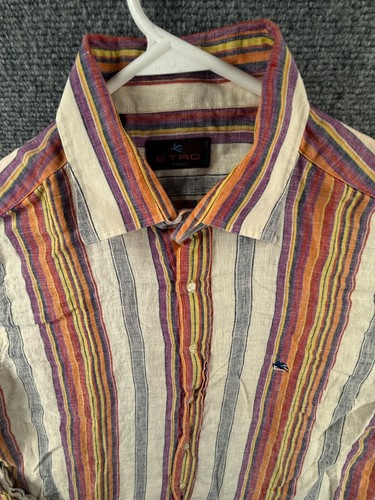 Etro Milano Italy Langarm Hemd Leinen gestreift bunt Knopfleiste Logo XL