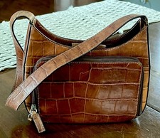 Vintage Retro Fossil Purse Brown Croc Embossed Y2k Shoulder Bag Boho Leather