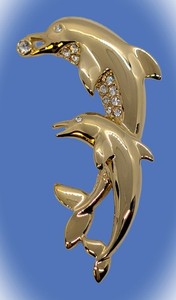 Authentic Vtg Shiny & Sparkly! Gold Plated & Crystal Lovely Dolphin Pair Ocean Sea Brooch