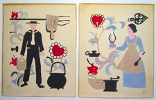 PAIR OF PRIMITIVE AMISH FOLK ART PAINTINGS ON PAPER 8X10"