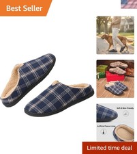 Men's Navy Plaid Memory Foam Slippers with Fleece Lining, Size 9-10 Comfort