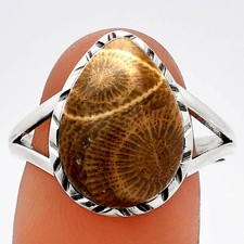 Natural Flower Fossil Coral 925 Sterling Silver Ring s.9.5 Jewelry R-1074