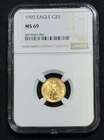 1992 $5 American Gold Eagle 1/10th Oz NGC KEY DATE MS69 Brown Label, NO RESERVE