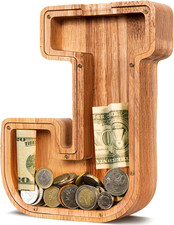 Wooden Piggy Bank for Kids Boys, Personalized Letter 9", Piggybank-J