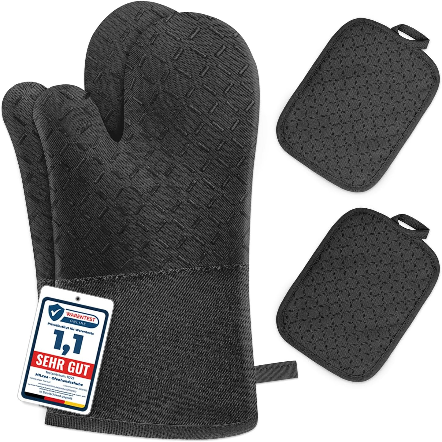 Lot 4 gants de four 32cm et maniques silicone noir isolant thermique haute densité