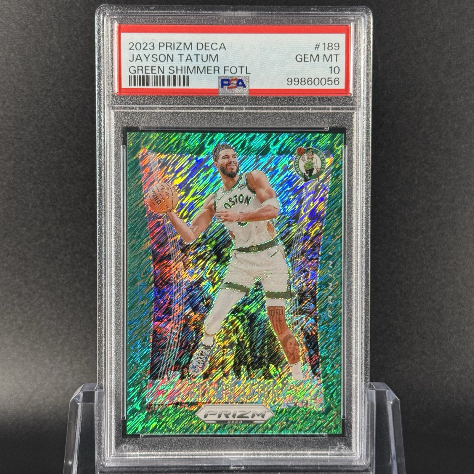 Jayson Tatum 2023-24 Panini Prizm Deca #189 Green Shimmer 7/12 PSA 10 Gem Mint