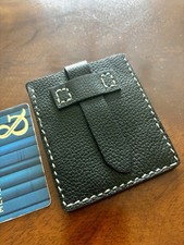 Men's Black Leather Card Holder ID Wallet with Strap Closure, Contrast Stitching