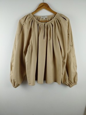LOFT Shirt Womens M Khaki Camel Button Sleeve Peasant Top Boho 100% Cotton 