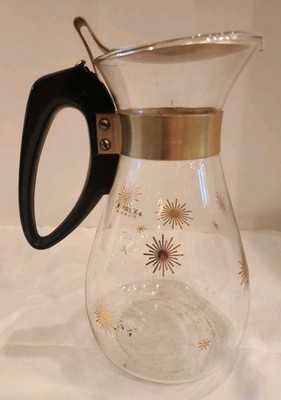 NICE Vintage 50s MCM Pyrex Atomic Gold Starburst Coffee Pot Carafe Pour Pitcher