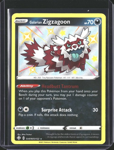 Galarian Zigzagoon SV078/SV122 Shining Fates Shiny Vault Pokemon Holo NM/M