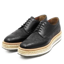 PRADA Dress Shoes Leather Denim Jute Men Size 6 Derby Espadrilles Wingtip Black