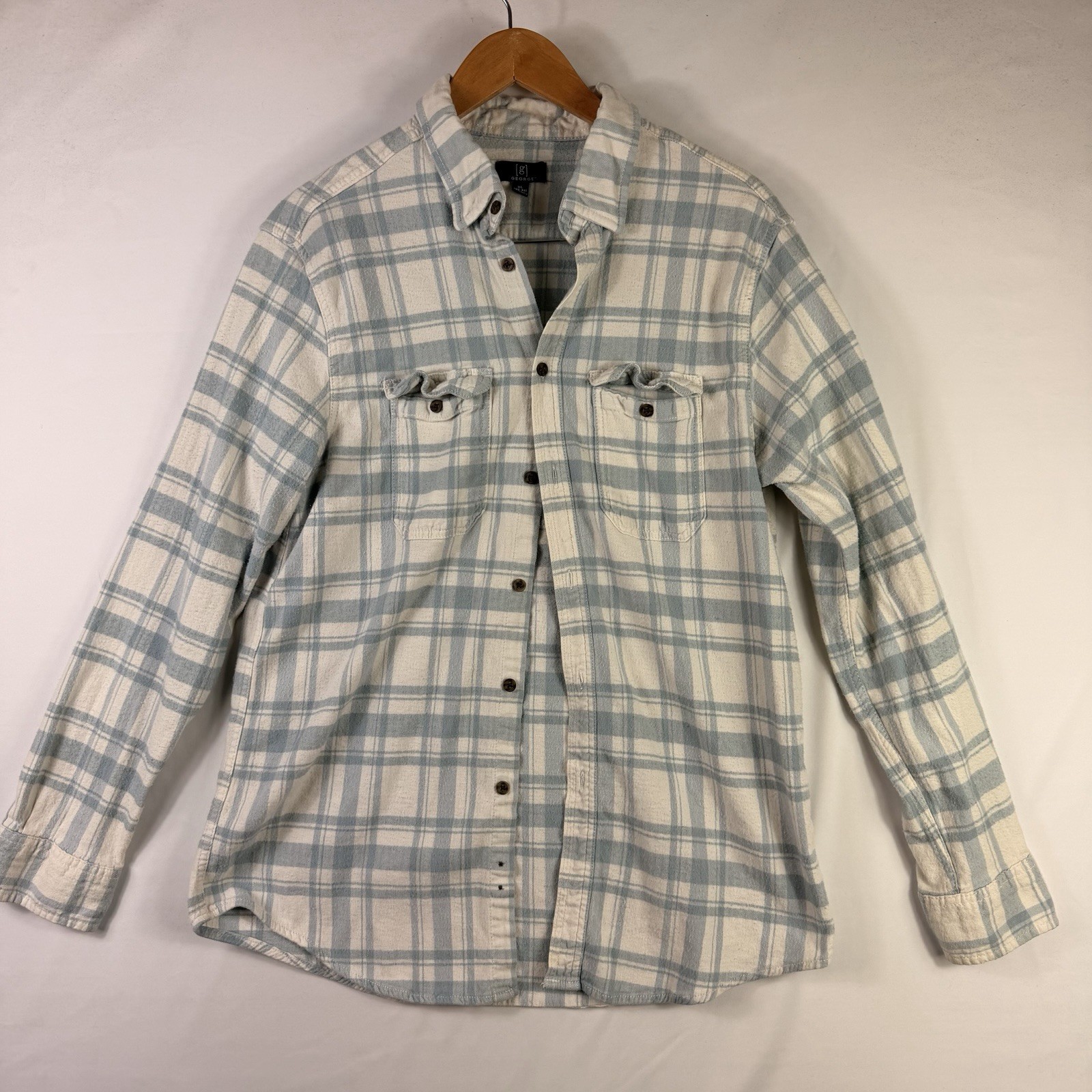 George Flannel Shirt Men's XL Plaid Collared Button Down Long Sleeve White