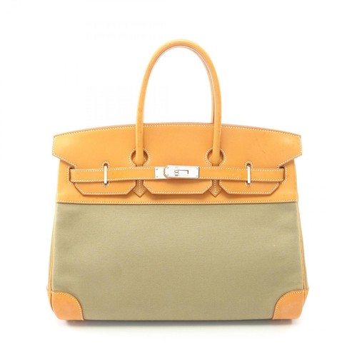 HERMES Birkin 35 Handbag K Toile Officier Barenia leather Khaki Natural Used SHW