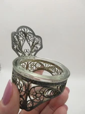 1987 USSR Silver Plated  Russian Filigree Open Salt Cellar Glass Ring Dish 2"
