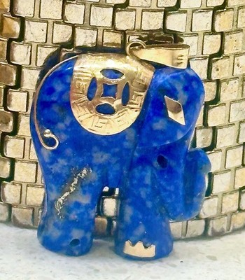 Estate Vintage 14K Gold and Lapis Lazuli Carved Elephant Pendant