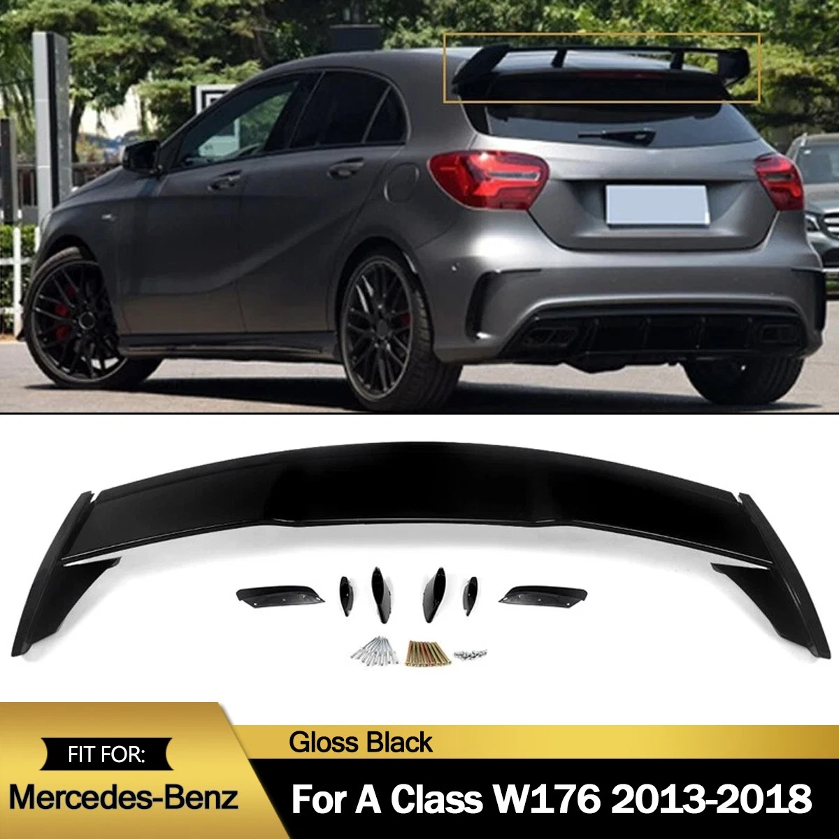 Alerón Trasero De ABS Para Mercedes Clase A A180/A200 W176 (2013-2018) - Color Negro Brillante, Instalación Con Cinta Adhesiva