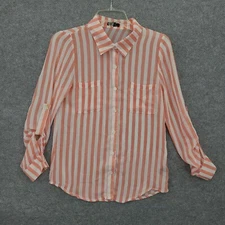 Active Womens Blouse Size Small Collared Roll Tab Orange Stripe Long Sleeve 