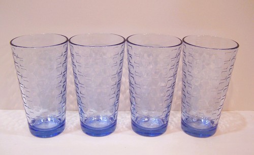 Lot 4 Highball Glass Tumblers Circleware Ice Blue Square Optic 6" Tall 16 oz EUC - Picture 2 of 5