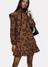 Topshop Mustard Ruffle Yoke Long Sleeve Mini Shift Dress Size 2 NWOT