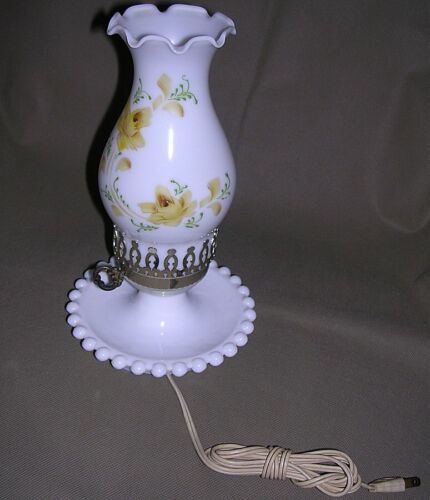 Vintage "Oil" Electric Lamp (lights by lightbulb AC cord) White w/ Yellow Floral - Picture 1 of 7