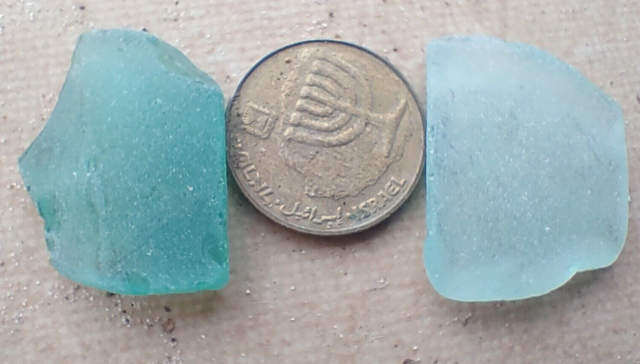 2 Genuine Aqua Blue Perfect Curved Sea Beach Glass Strange Shape Pieces READ GR10754