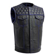 Men Leather Vest Blue paisley lining  Blue Thread Concealed Waistcoat - VEST