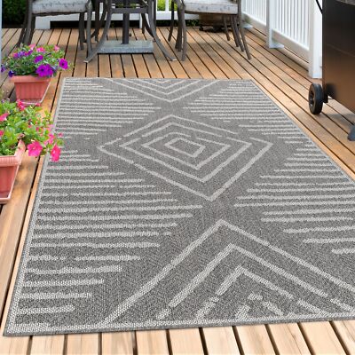 In- & Outdoor Teppich Grau, Boho Design, Wetterfest für Terrasse, Balkon, Garten