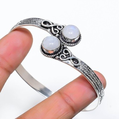 Bracelet Manchette En Argent 925 - Pierre De Lune Arc-en-ciel & Citrine, Fait Main