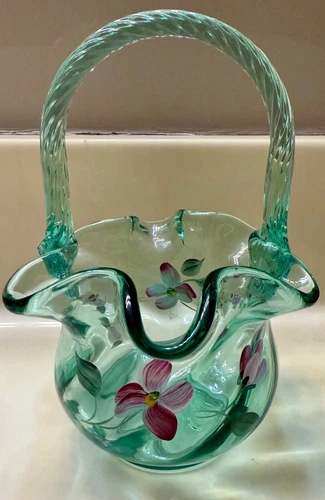 FENTON Art Glass Signed D.Anderson Green Basket Hand Painted With Purple Flowers