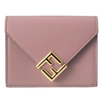 Fendi FF Diamond Tri Fold Wallet Dusty Mauve Leather Gold Tone Compact New
