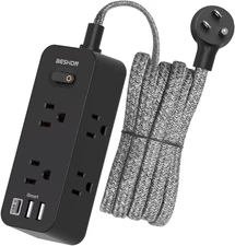 15Ft Black Extension Cord, BESHON Power Strip Surge Protector, 6 Outlets with