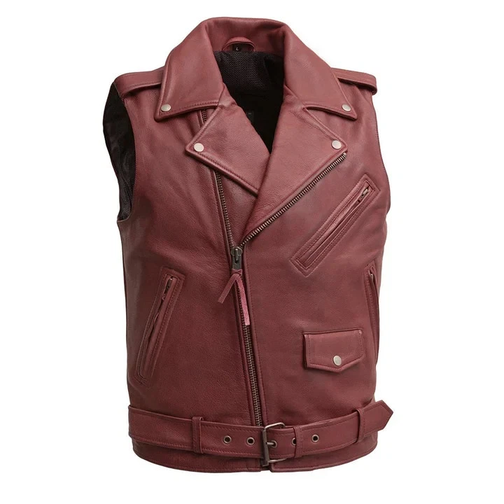 Trendy Diagonal Zipper Mens Cowhide Leather Biker Waistcoat Sleeveless Vest