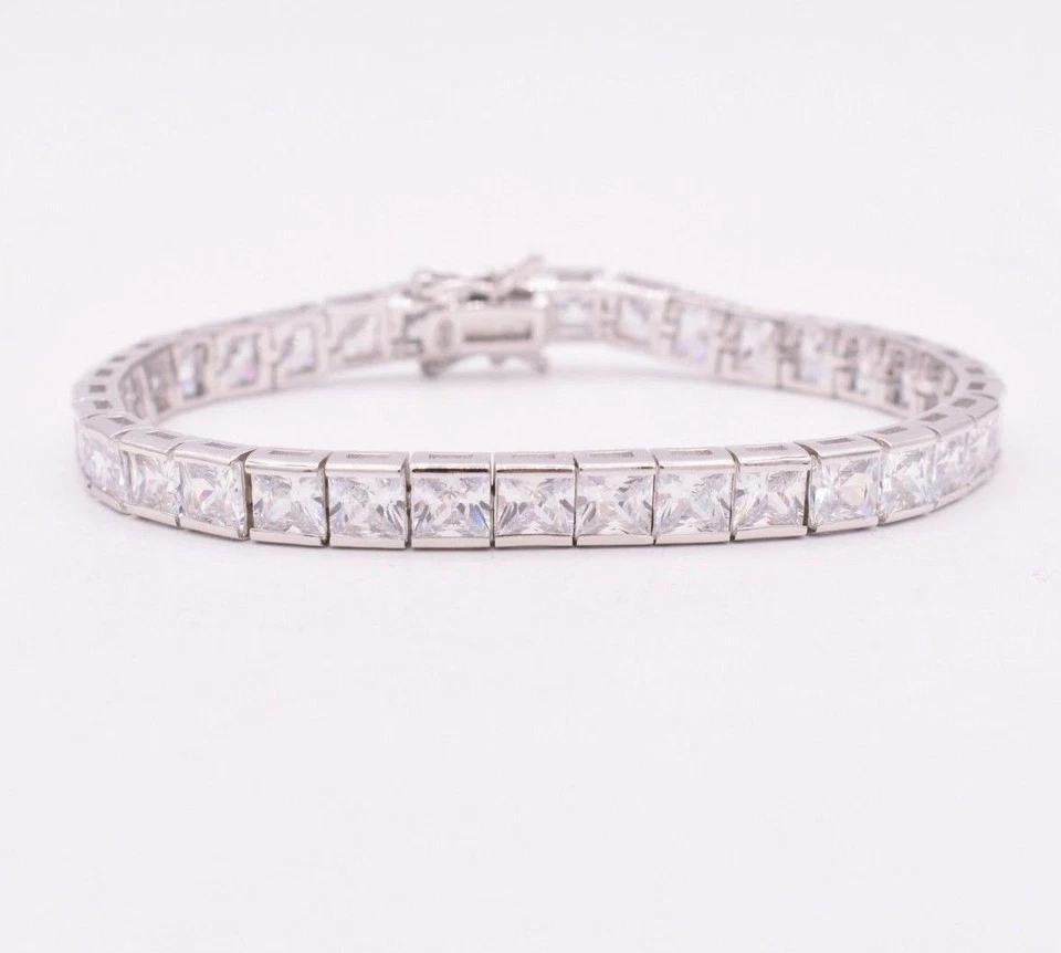 Pulseira de tênis Bezel corte princesa CZ prata esterlina 925 real 40TCW