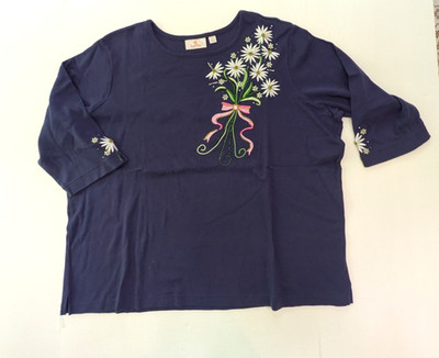 Quacker Factory Navy Blue 3/4 Sleeve Top Size 2X Embroidered Floral Bouquets