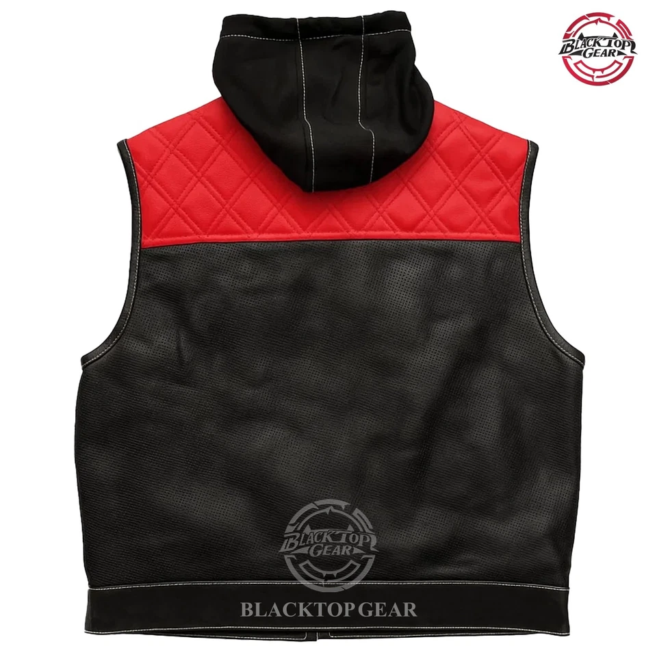 Мужской мотоциклетный жилет Hunt Club Style из черной перфорированной кожи со съемным капюшоном - Изображение 3 из 4