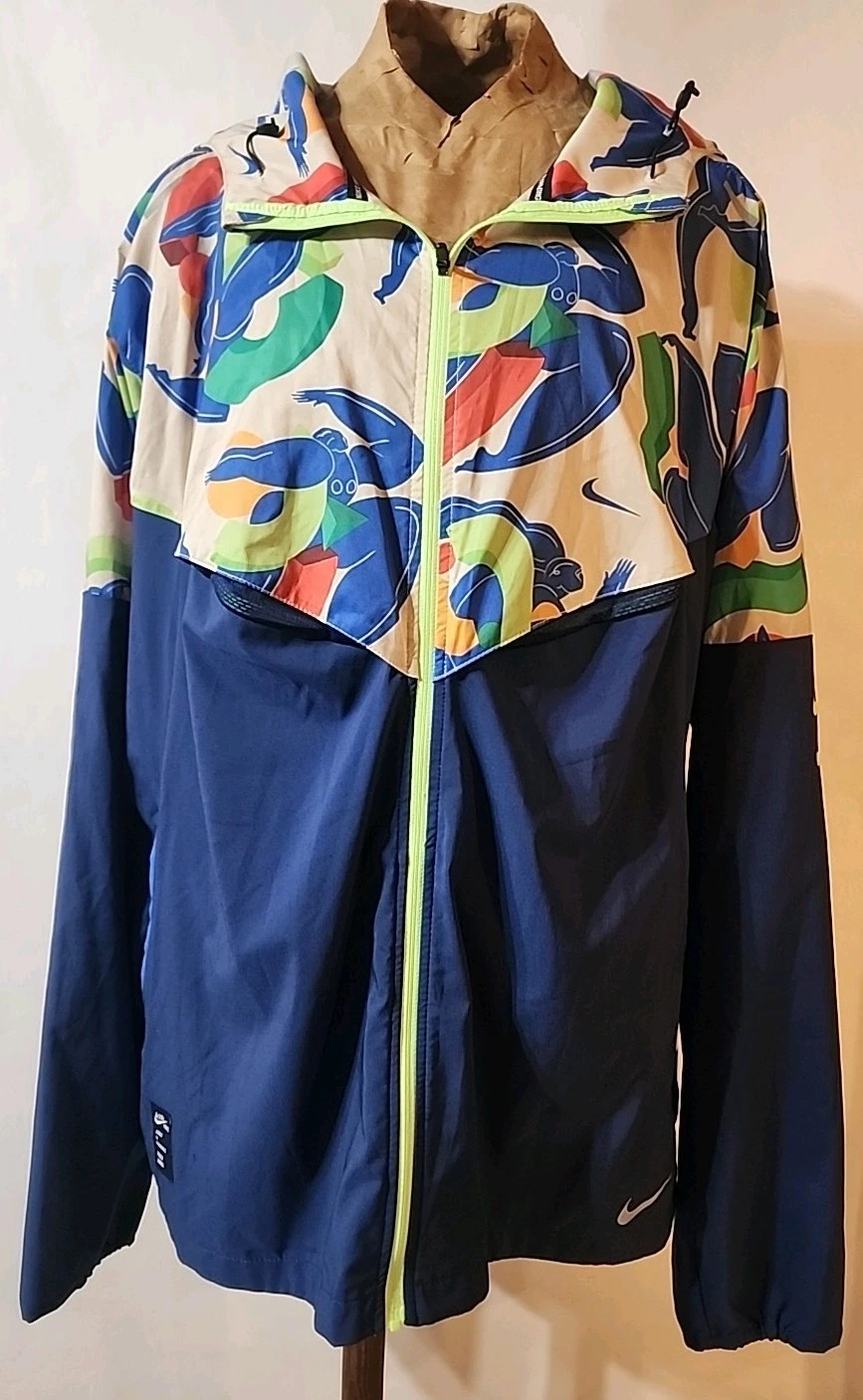 Nike Running Jacket Mens LG Blue Kelly Anna AIR Hooded Packable Repel Print