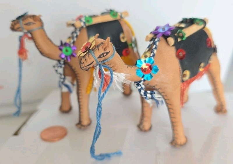 2 HAND STITCHED & PAINTED REAL LEATHER WOOD CAMEL EGYPT 1992 FOLK ART ORNAMENTS