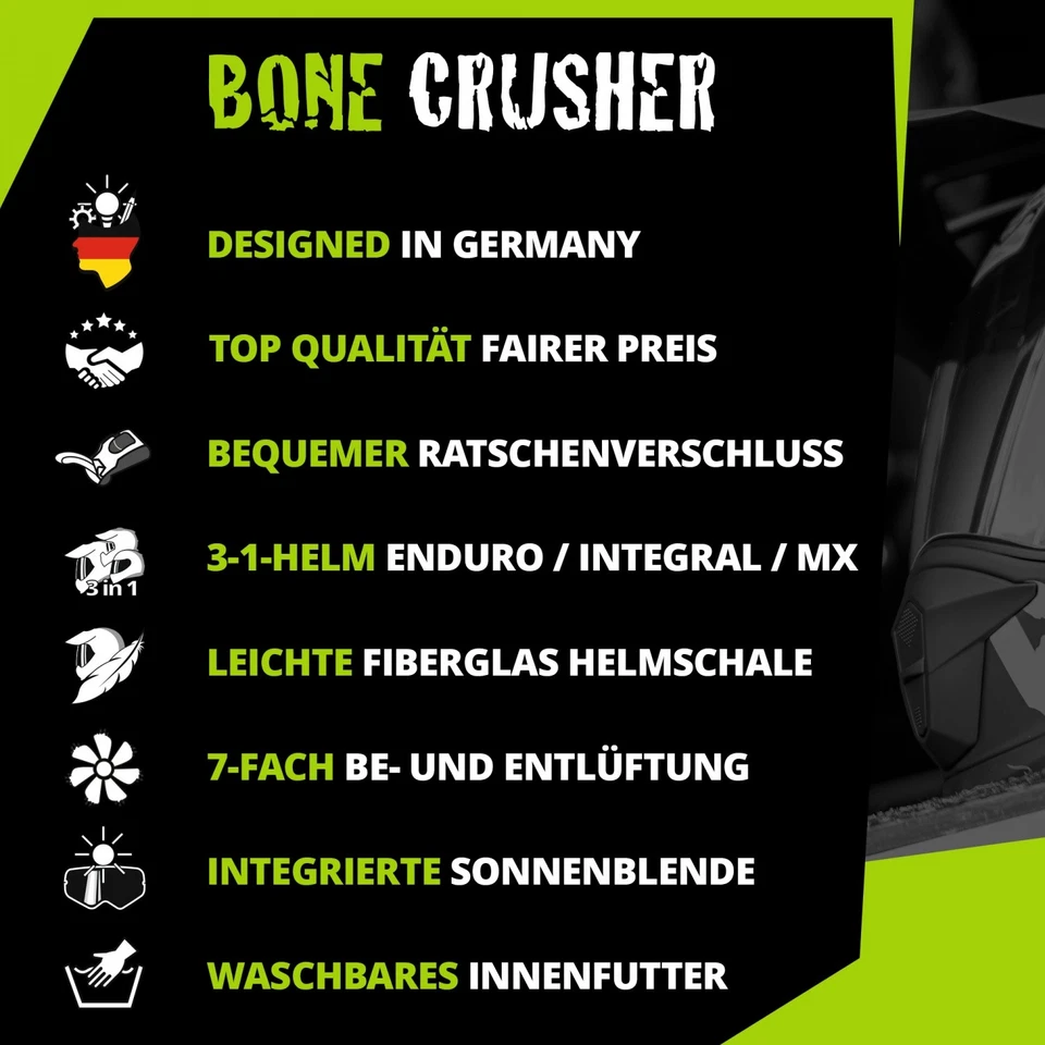 Broken Head Endurohelm Mit Sonnenblende Bone Crusher Grün (Größe S & M) - Bild 3 von 4
