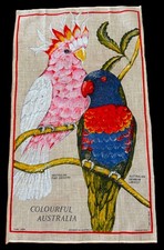 NWOT Linen Tea Towel Wall Art AUSTRALIAN PINK COCKATOO AND RAINBOW LORIKEET