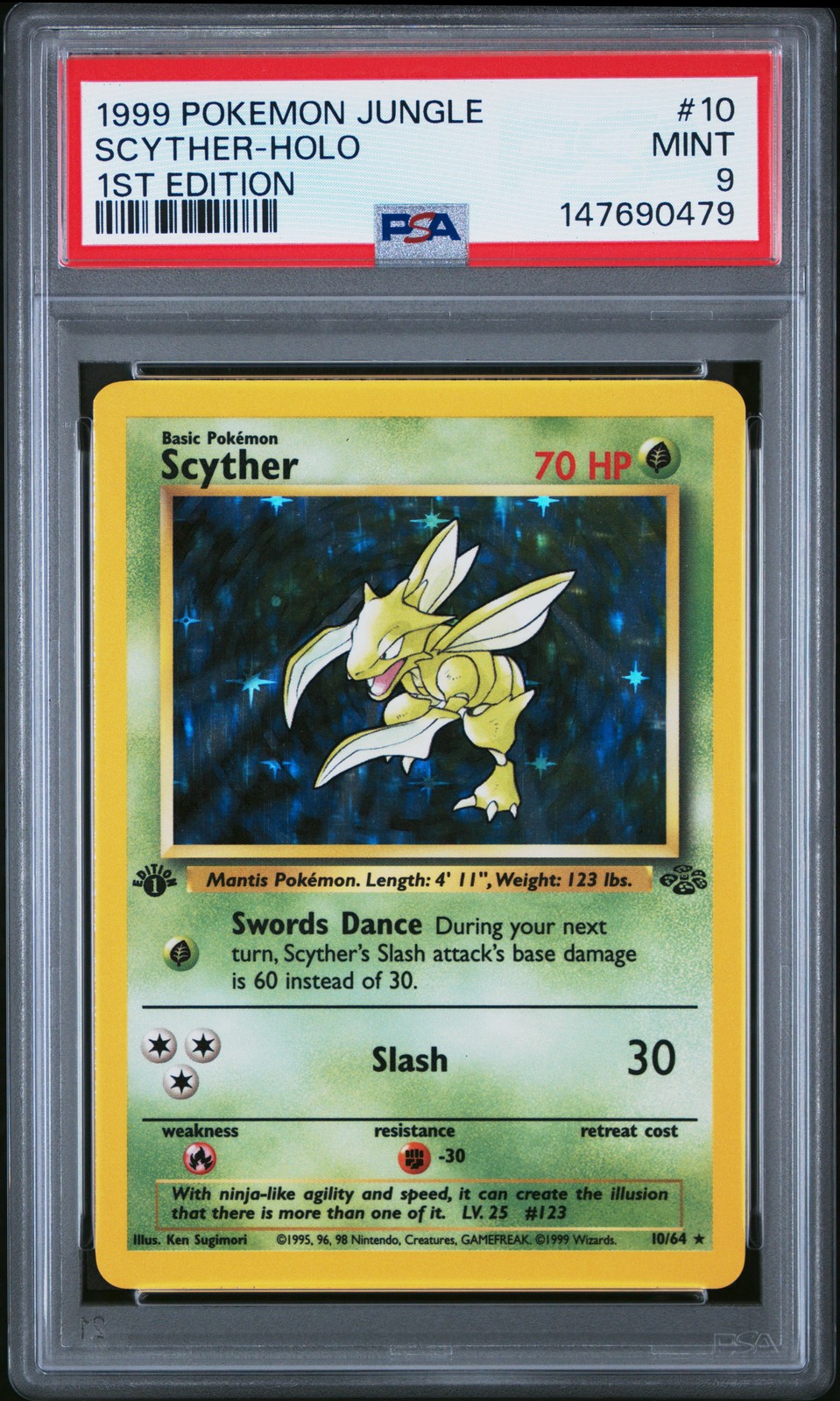 1999 POKEMON JUNGLE 1ST EDITION #10 SCYTHER-HOLO PSA 9