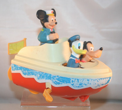 Vintage 1970's Walt Disney Illco Cap'n Mickey Mouse Wind Up Boat Toy - *Broken*