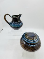 Bill Campbell Signed Art Pottery Sugar Bowl with lid Creamer blue brown color