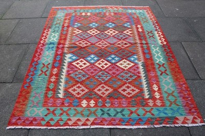 Kelim Vintage Traditionell Handgemacht Orientalisch Rot Grün Wolle 194x153cm